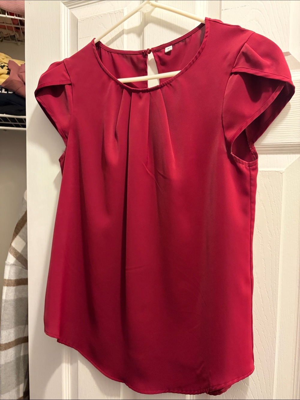 Amazon Red Pleated Cap-Sleeve Blouse